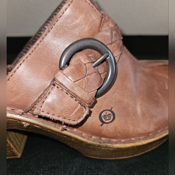 Born Brown Leather Braided Buckle Platform Slip -On Clog Size 9 - Picture 4 of 9
